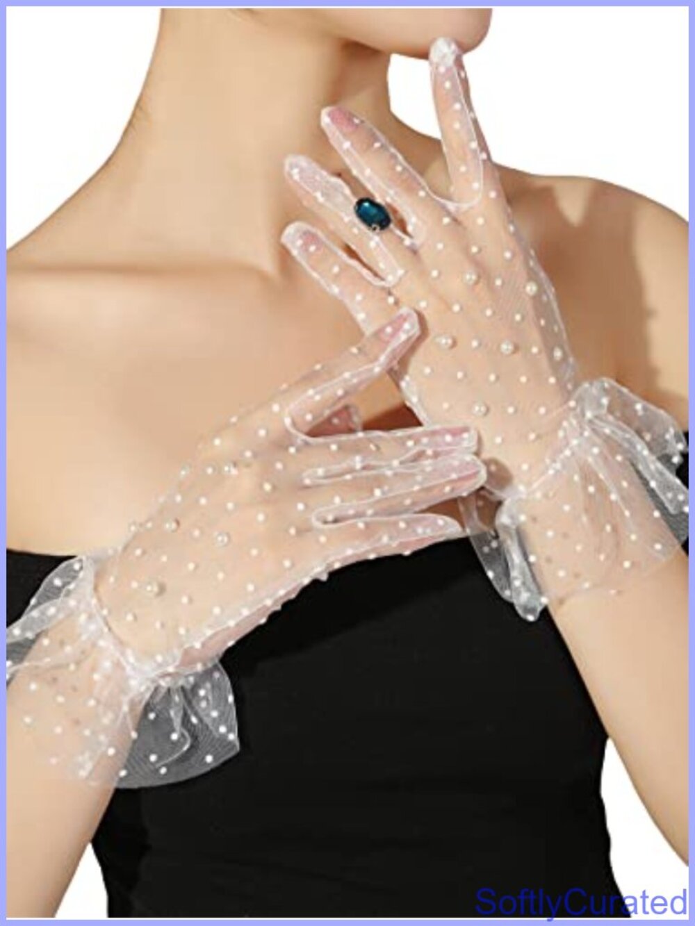 Sheer Mesh Lace Gloves Pearls Ruffle Cuff Tea Party Bridal